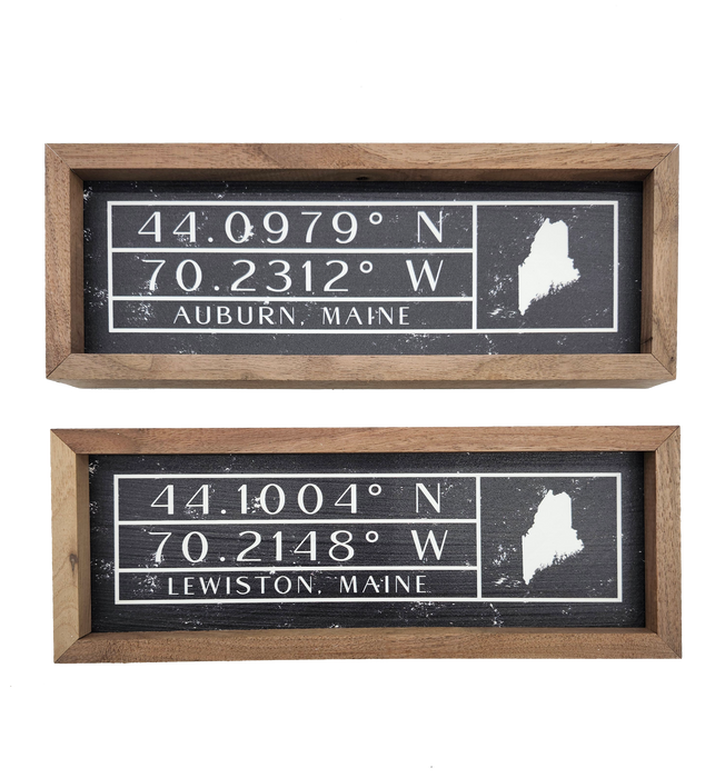 Longitude Latitude Lewiston Auburn Wooden Signs